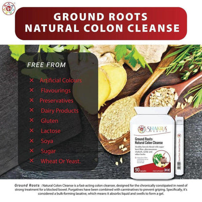 Ground Roots Natural Colon Cleanse supplement bottle with a list of free-from ingredients on a wooden background.