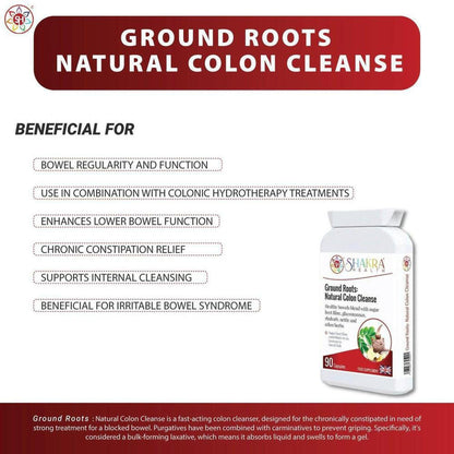 White supplement bottle of Ground Roots Natural Colon Cleanse with a list of health benefits on a white background.