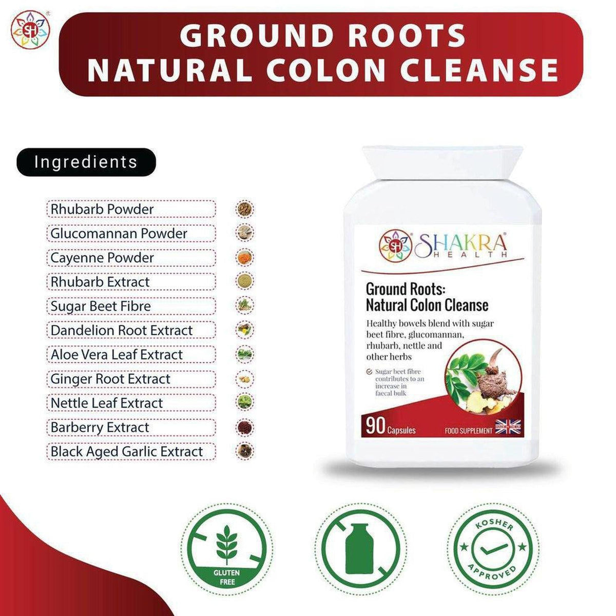Ground Roots colon cleanse bottle with a list of herbal ingredients, icons, and 90 capsules count on a white background.
