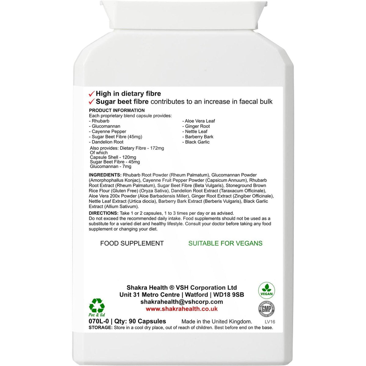 White plastic supplement bottle label listing ingredients, dietary fiber benefits, and vegan certification details.