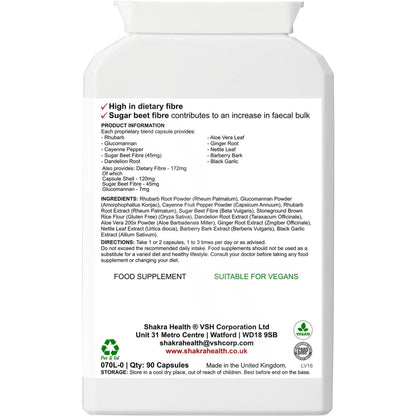 White plastic supplement bottle label listing ingredients, dietary fiber benefits, and vegan certification details.