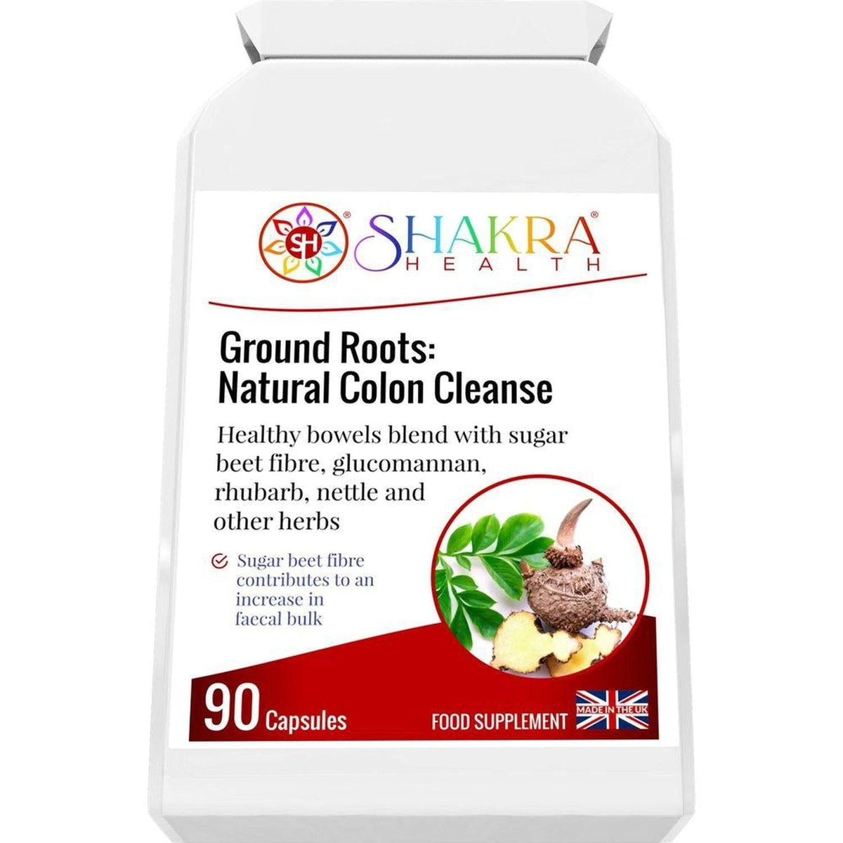 White bottle of Ground Roots Natural Colon Cleanse with Shakra Health logo, herbal ingredients, and 90 capsules label.
