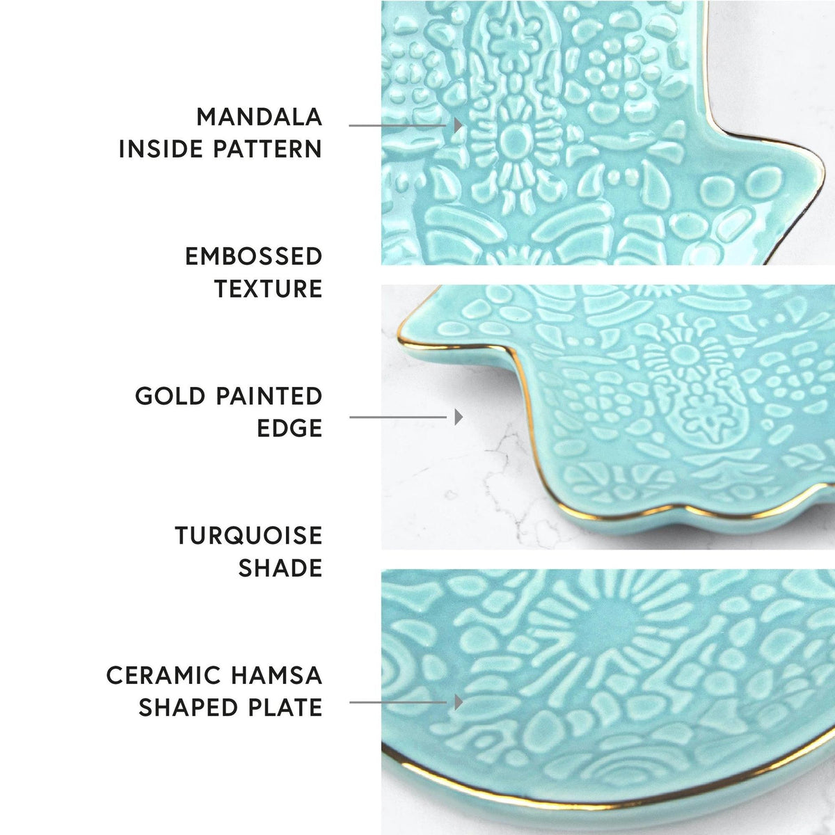 Turquoise ceramic Hamsa hand jewellery dish with embossed mandala patterns and a delicate gold-painted edge.