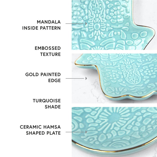 Turquoise ceramic Hamsa hand jewellery dish with embossed mandala patterns and a delicate gold-painted edge.