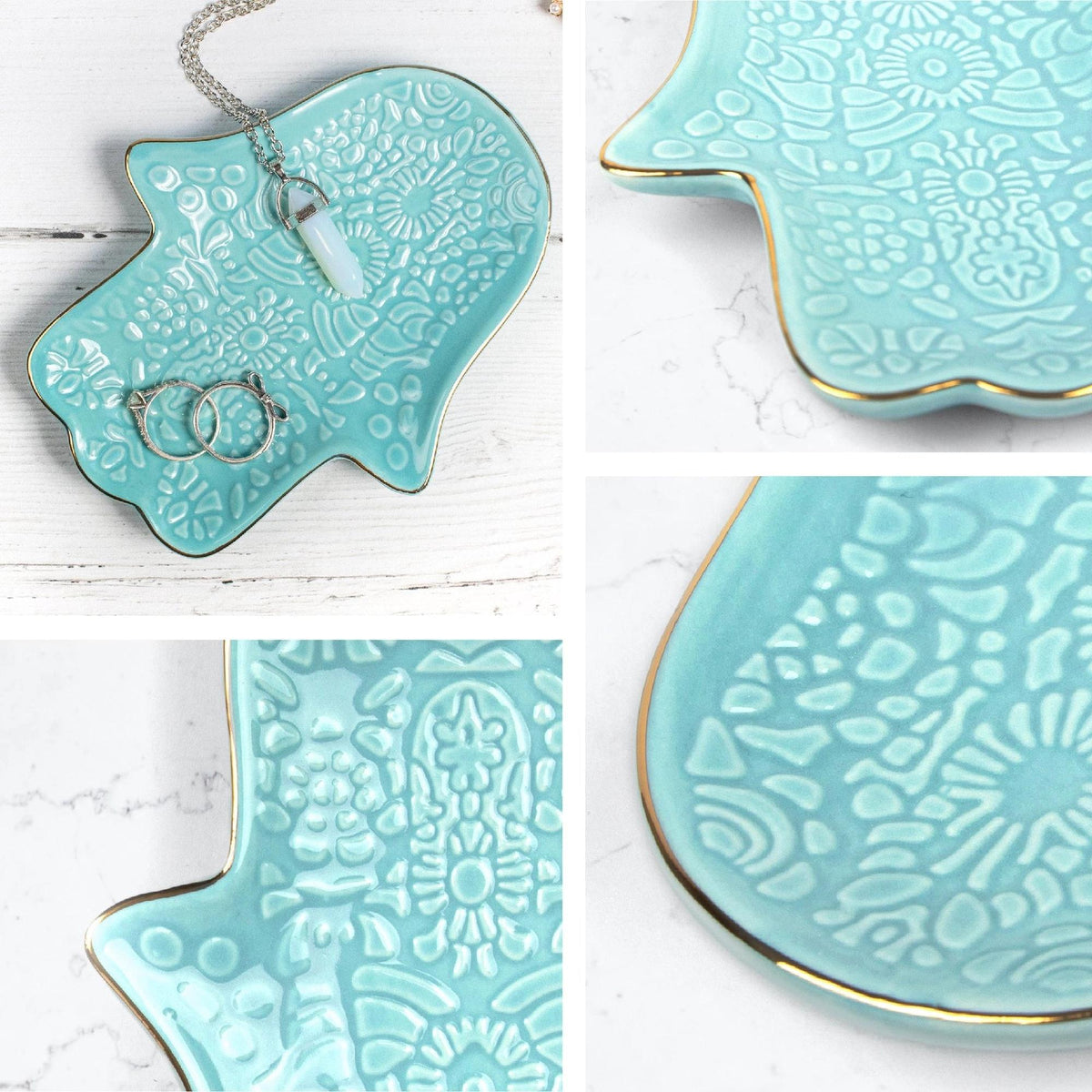 Turquoise Hamsa hand jewellery dish with intricate embossed patterns and a gold-trimmed edge on a white surface.