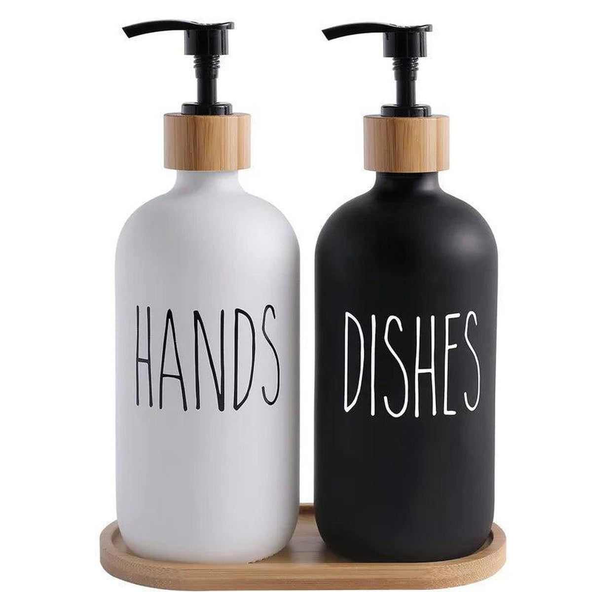 Refillable 500ml black and white soap dispensers with bamboo pumps on a matching bamboo tray for kitchen or bathroom.