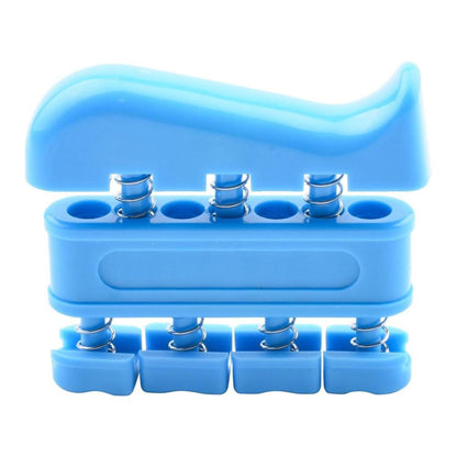 Blue ergonomic hand and finger strengthener with four individual spring-loaded pistons for dexterity training.