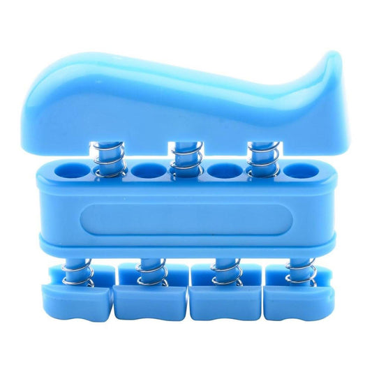 Blue ergonomic hand and finger strengthener with four individual spring-loaded pistons for dexterity training.