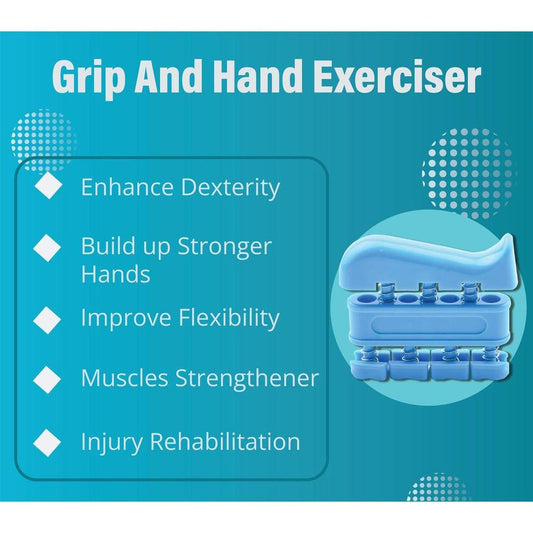 Blue ergonomic hand and finger strengthener with four spring-loaded pistons on a teal background with benefit text.