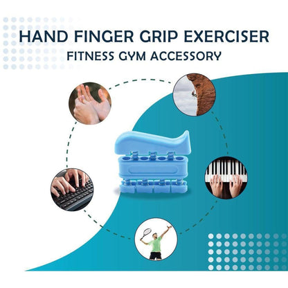 Light blue ergonomic hand and finger strengthener with individual spring-loaded pistons for dexterity training.