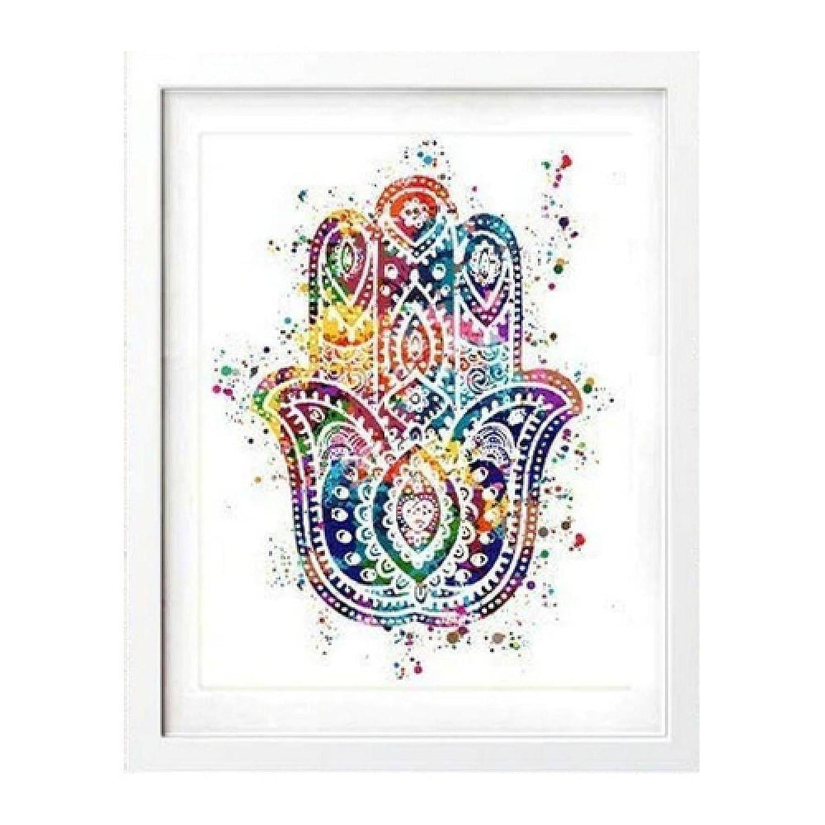 Colorful watercolor Hamsa Hand canvas print with intricate patterns in a white frame for spiritual home decor.