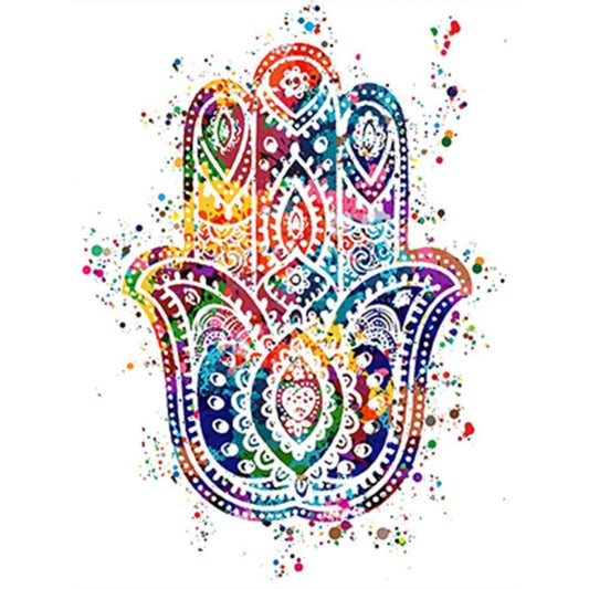 Vibrant watercolor Hamsa hand canvas print with intricate white mandala patterns and colorful paint splatters.