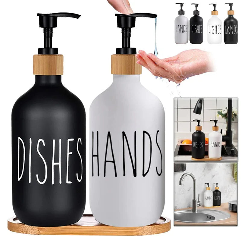 Buy - Two refillable bottles; white labeled "Hands" and sleek black labeled "Dishes," plus a bamboo tray. Keep your soap readily accessible and beautifully displayed. at Sacred Remedy Online