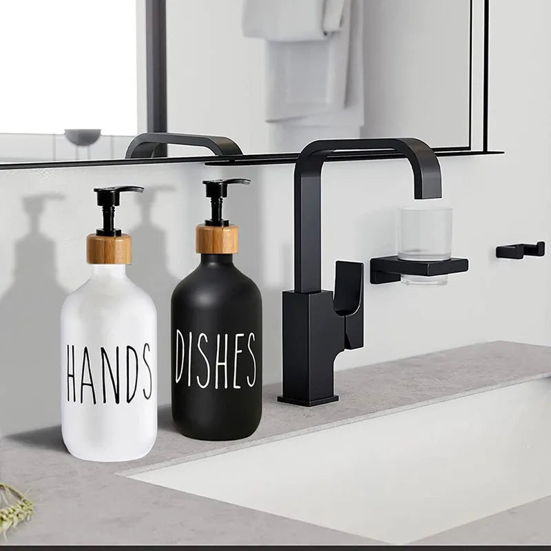 Buy - Two refillable bottles; white labeled "Hands" and sleek black labeled "Dishes," plus a bamboo tray. Keep your soap readily accessible and beautifully displayed. at Sacred Remedy Online