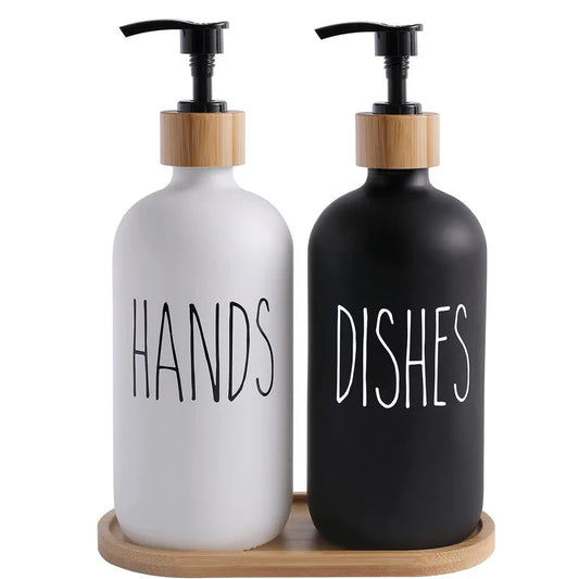 Buy - Two refillable bottles; white labeled "Hands" and sleek black labeled "Dishes," plus a bamboo tray. Keep your soap readily accessible and beautifully displayed. at Sacred Remedy Online