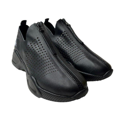 Black genuine leather sneakers featuring a perforated design and a convenient full-frontal zip closure.