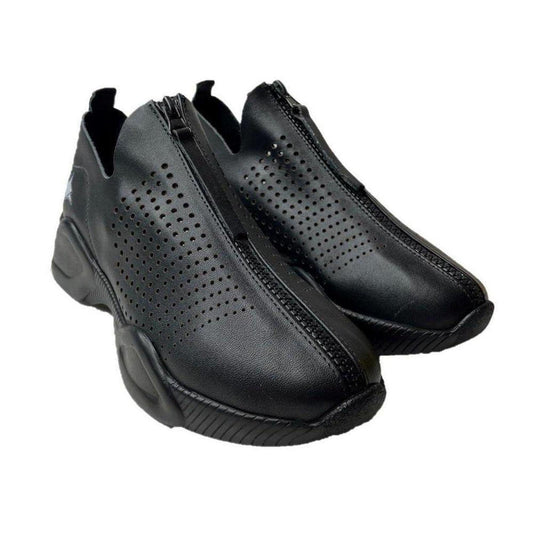 Black genuine leather sneakers featuring a perforated design and a convenient full-frontal zip closure.