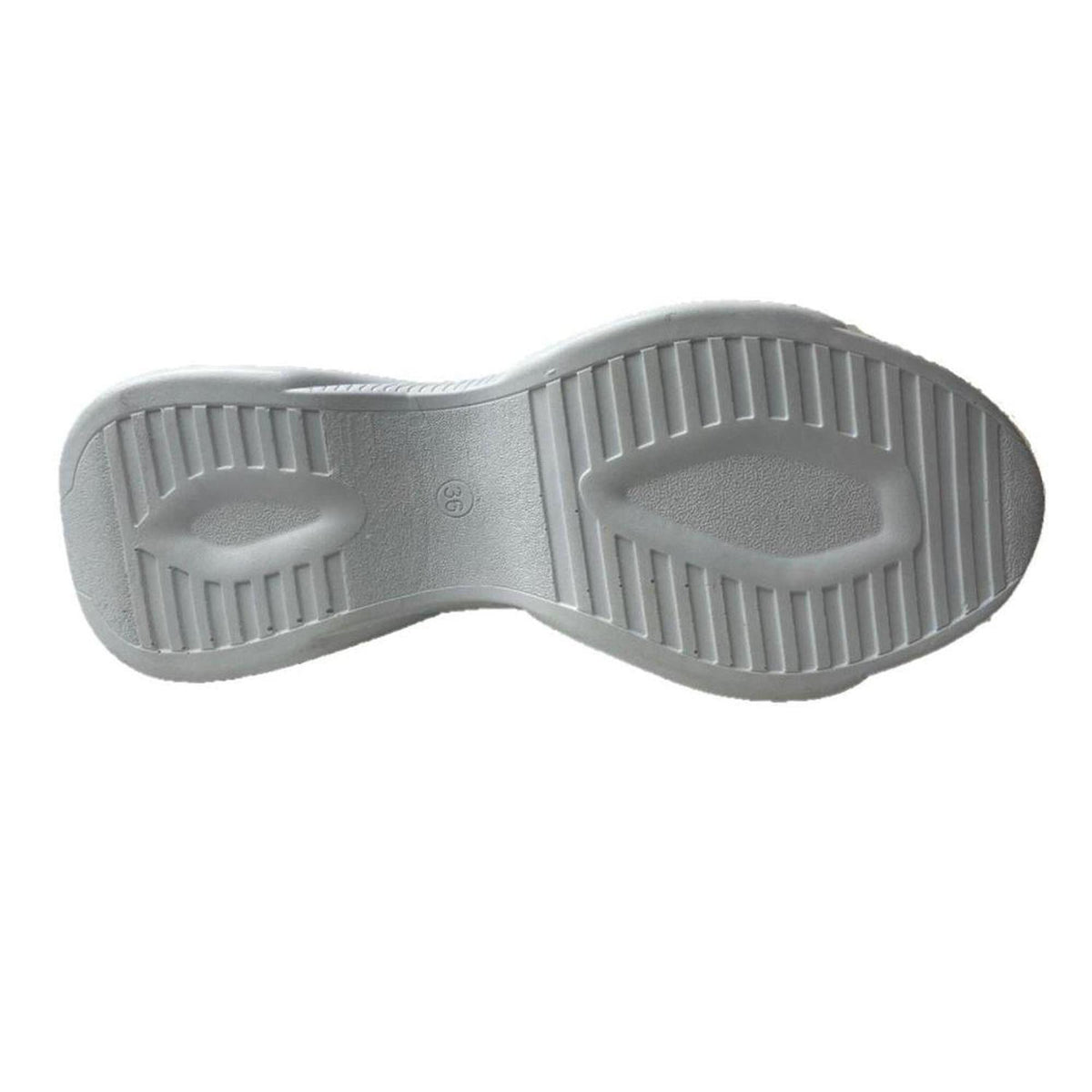 White textured rubber sneaker outsole with size 36 marking, designed for grip and arch support.