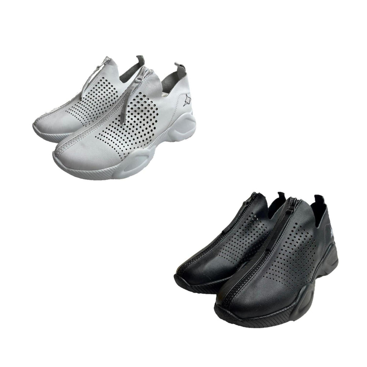 White and black genuine leather Harmony sneakers featuring a front zip closure and perforated breathable design.