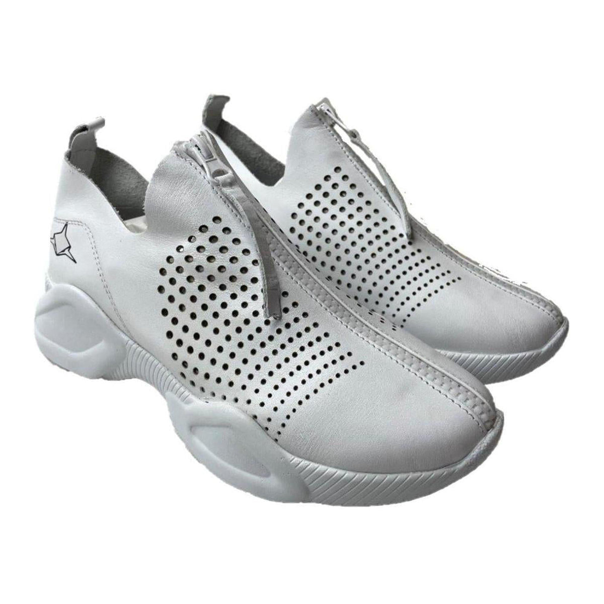White perforated leather sneakers with a front zip closure and chunky white rubber soles.