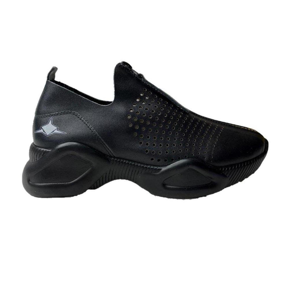 Black leather Harmony sneakers featuring a perforated design, front zip closure, and a chunky, supportive rubber sole.