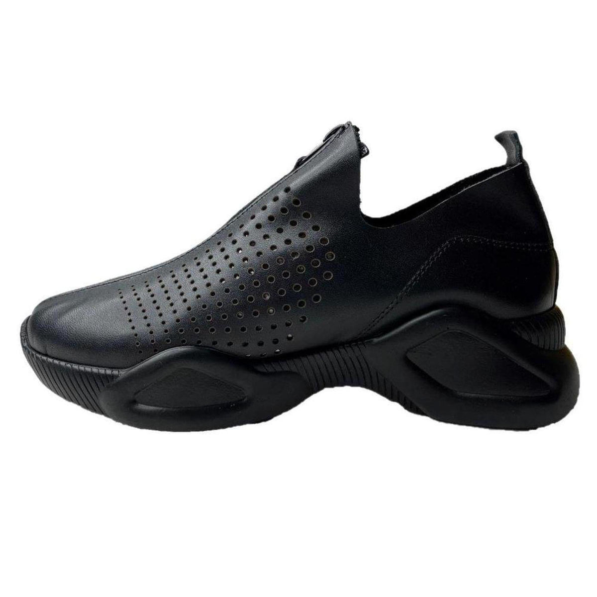 Black genuine leather sneaker with a front zip closure, perforated side panel, and a chunky, supportive rubber sole.