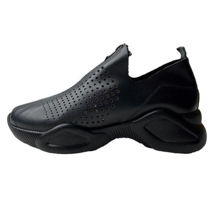 Black genuine leather sneaker with a front zip closure, perforated side panel, and a chunky, supportive rubber sole.