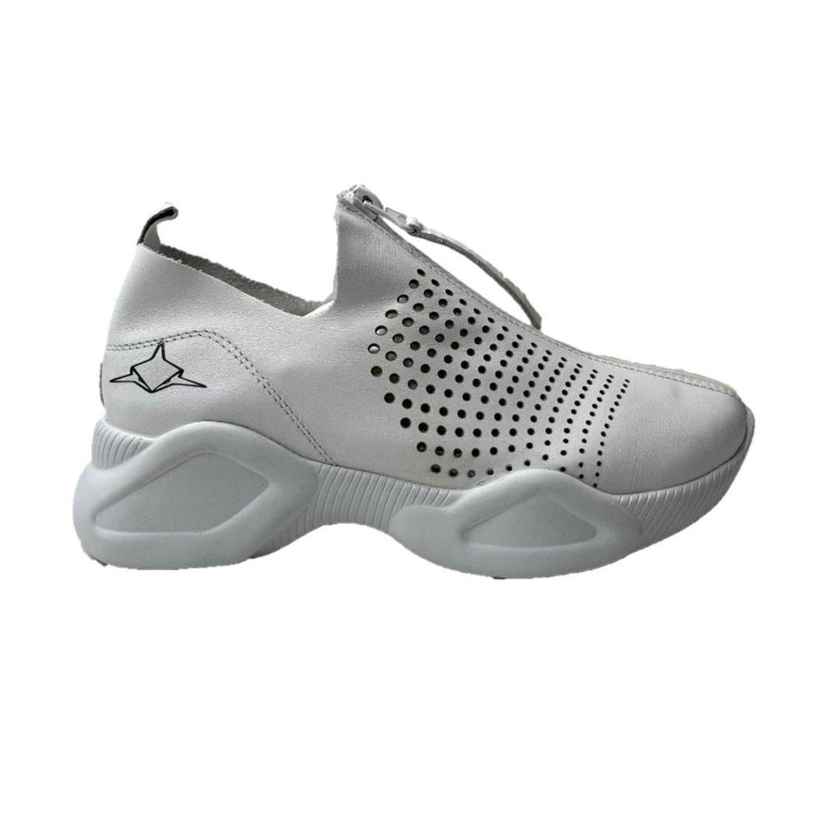 White leather Harmony sneakers with a front zip closure, perforated side panels, and a chunky, supportive platform sole.