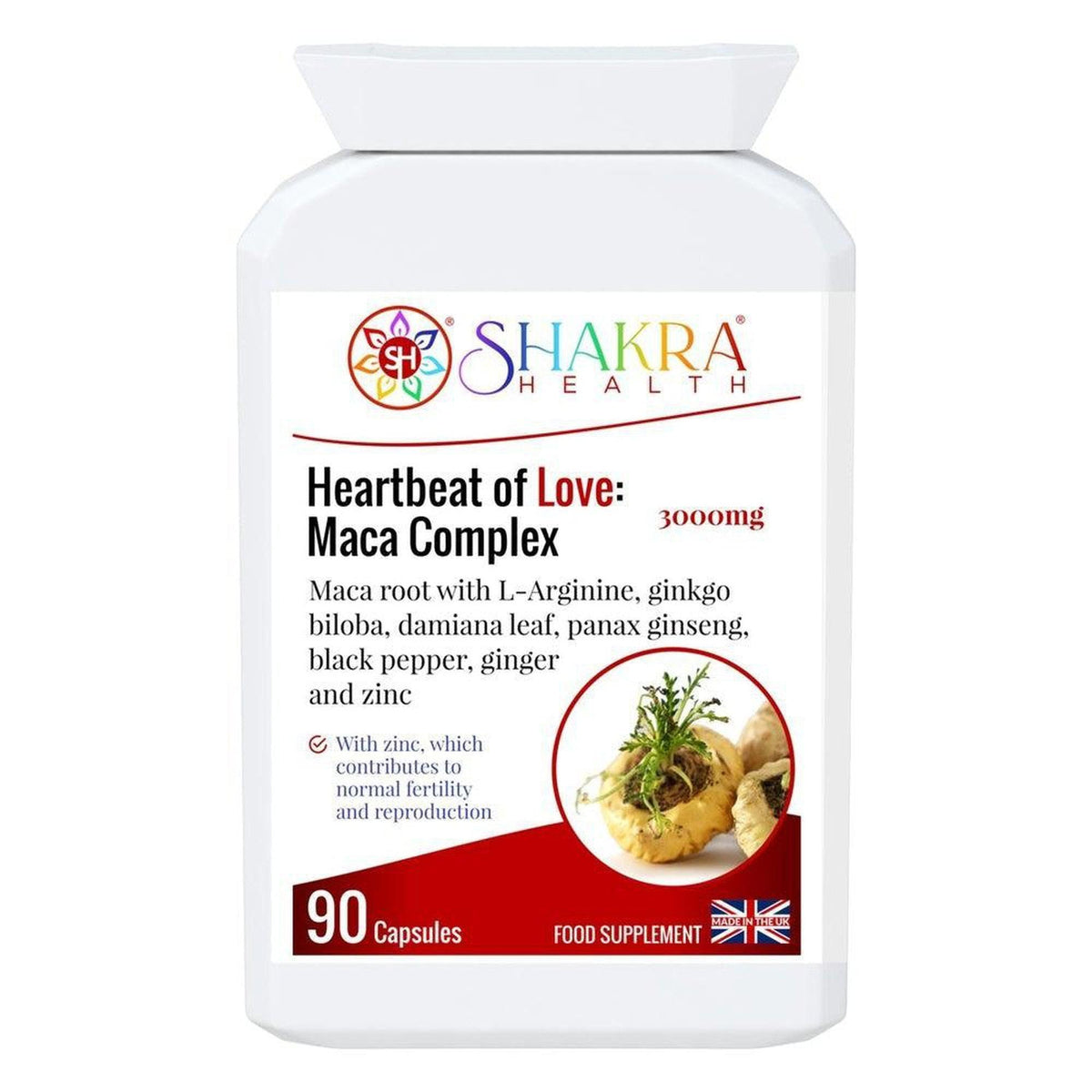 White bottle of Heartbeat of Love Maca Complex capsules with a label featuring a maca root image and red accents.