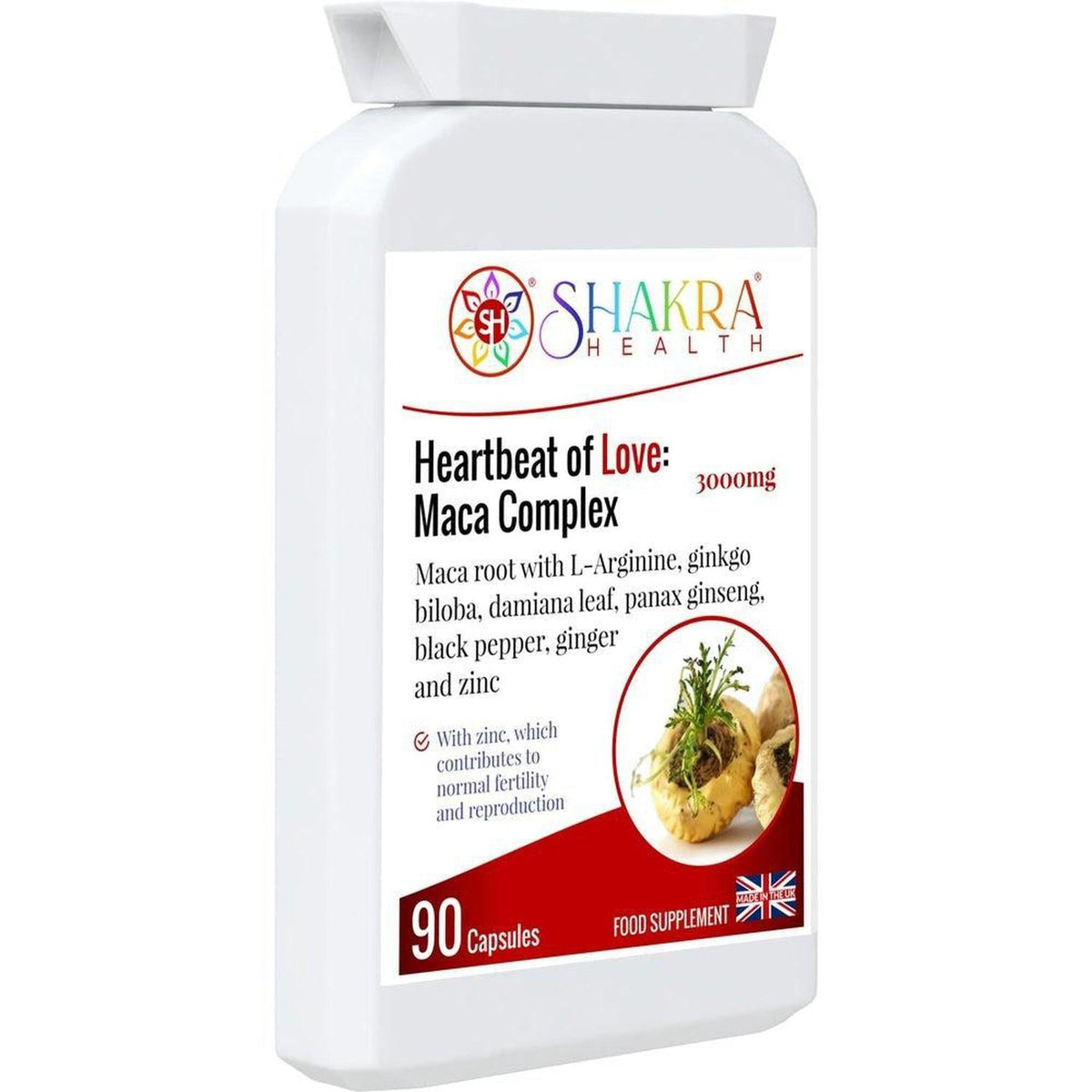 White plastic supplement bottle with Heartbeat of Love Maca Complex label, featuring a maca root image and 90 capsule count.