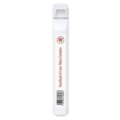 White rectangular Heartbeat of Love: Maca Complex supplement bottle with a colorful logo and barcode.