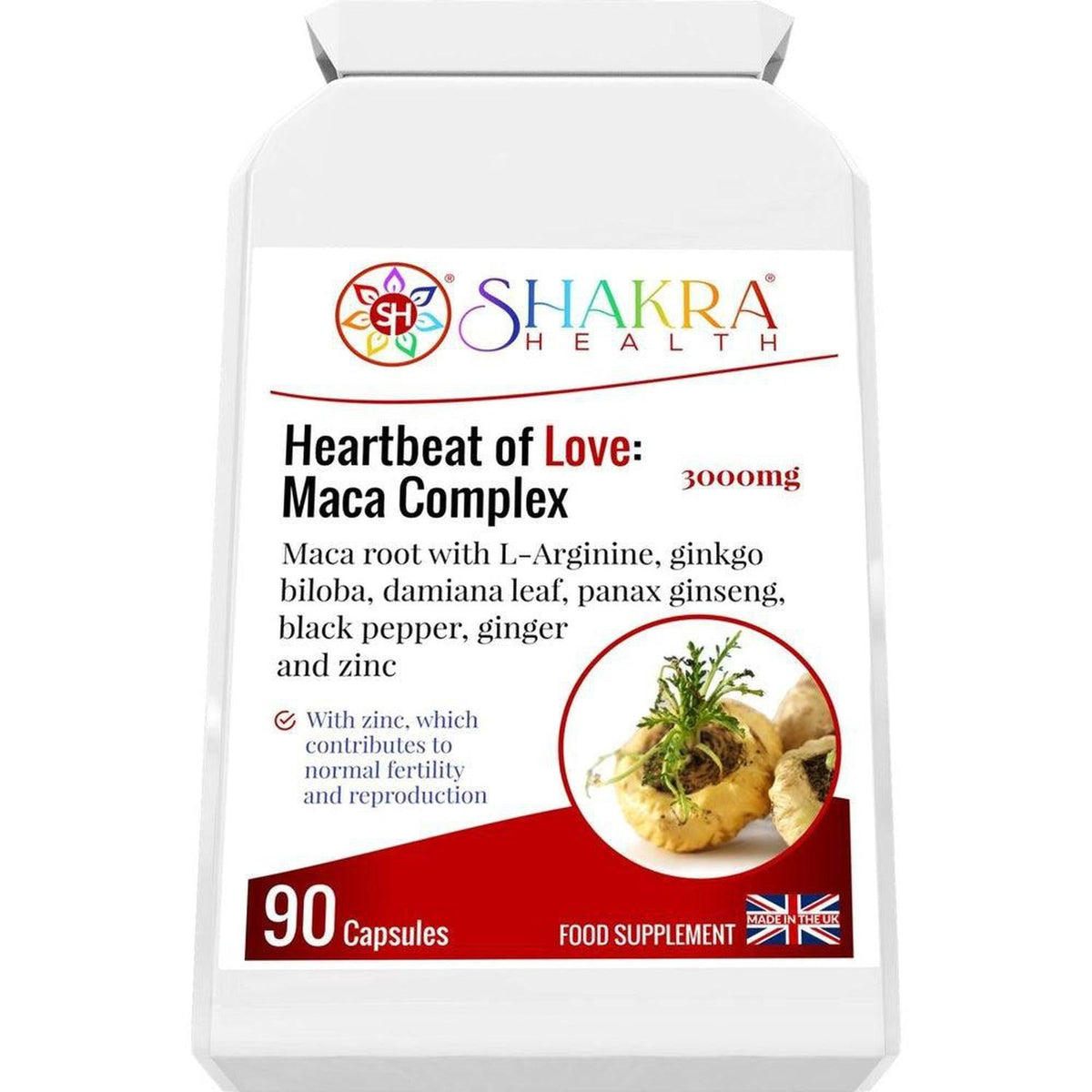 White bottle of Heartbeat of Love Maca Complex capsules with a label featuring a raw maca root image and 90 capsule count.