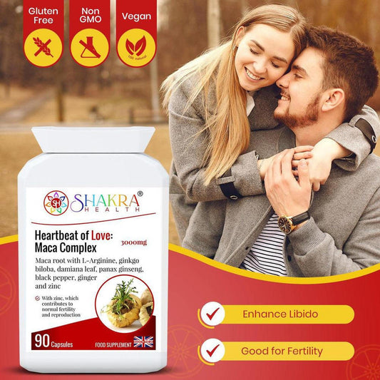White bottle of Heartbeat of Love Maca Complex supplement next to a happy couple with gluten-free and vegan icons.