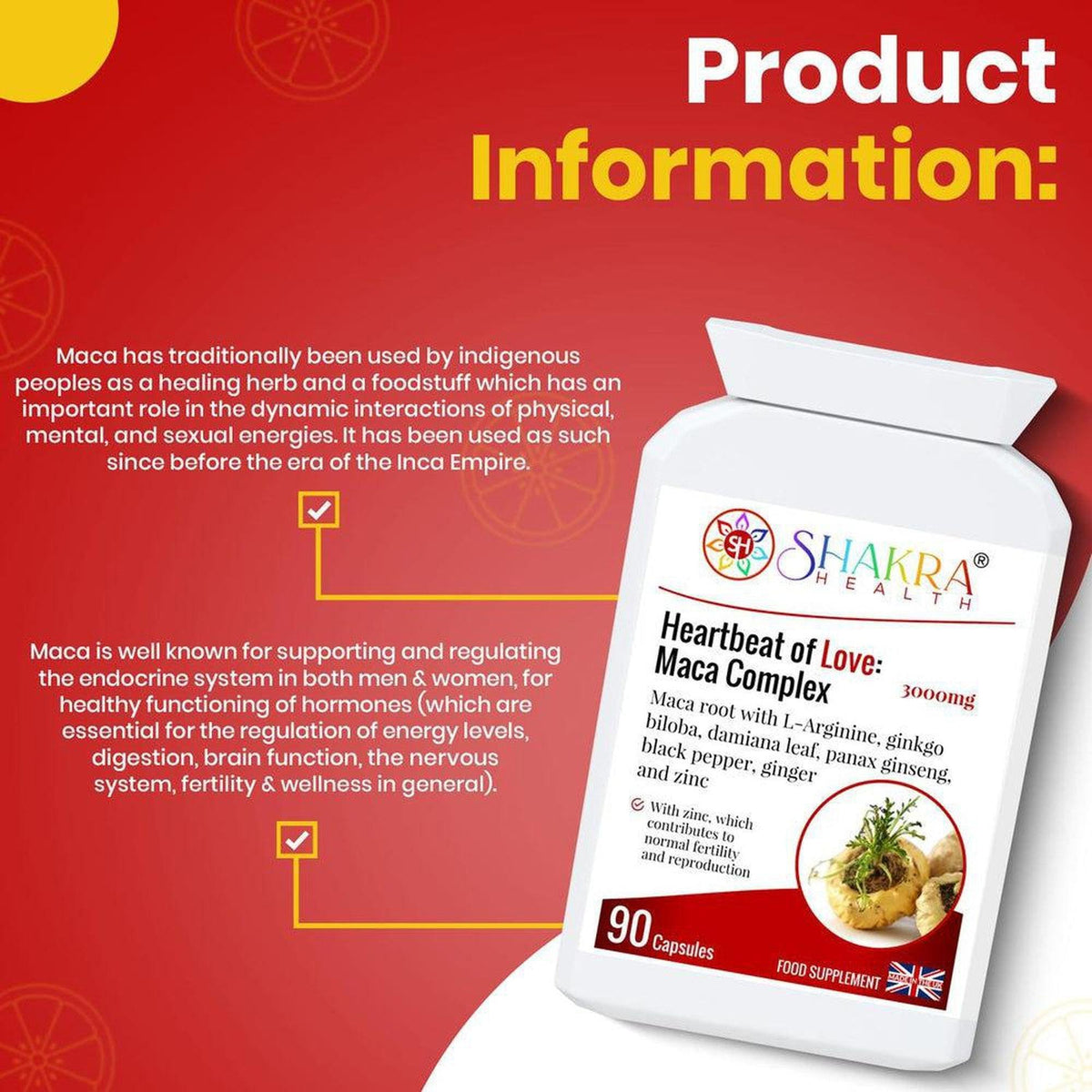White bottle of Heartbeat of Love Maca Complex capsules on a red background with informational text and ingredient icons.