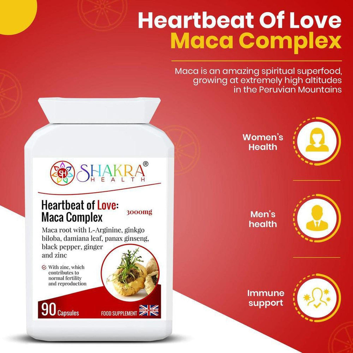 White supplement bottle of Heartbeat of Love Maca Complex with red and white branding against a red background.