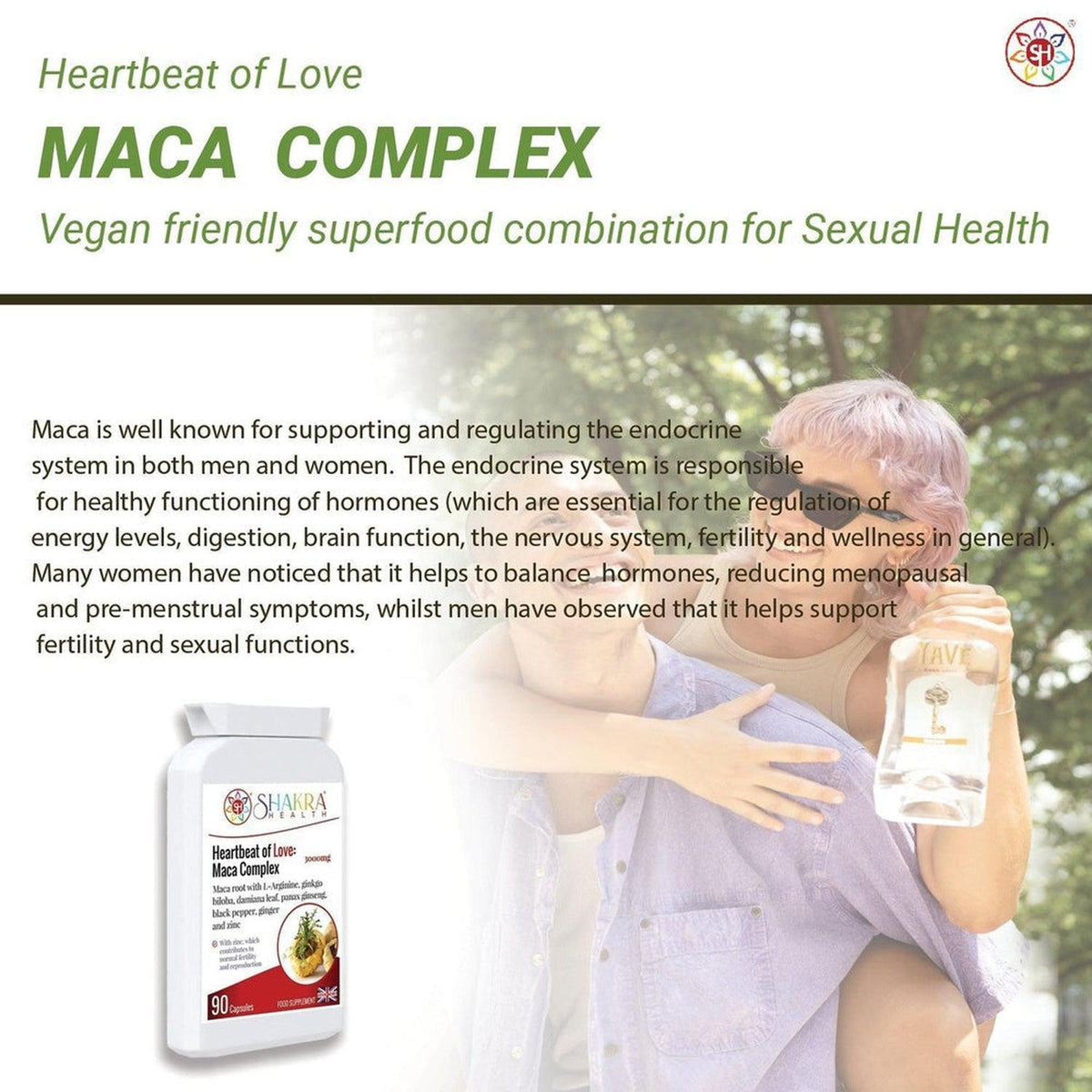 White bottle of Heartbeat of Love Maca Complex capsules next to a happy couple outdoors in a soft, sunlit setting.