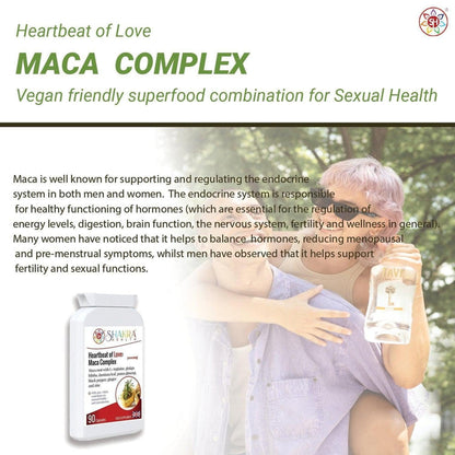 White bottle of Heartbeat of Love Maca Complex capsules next to a happy couple outdoors in a soft, sunlit setting.