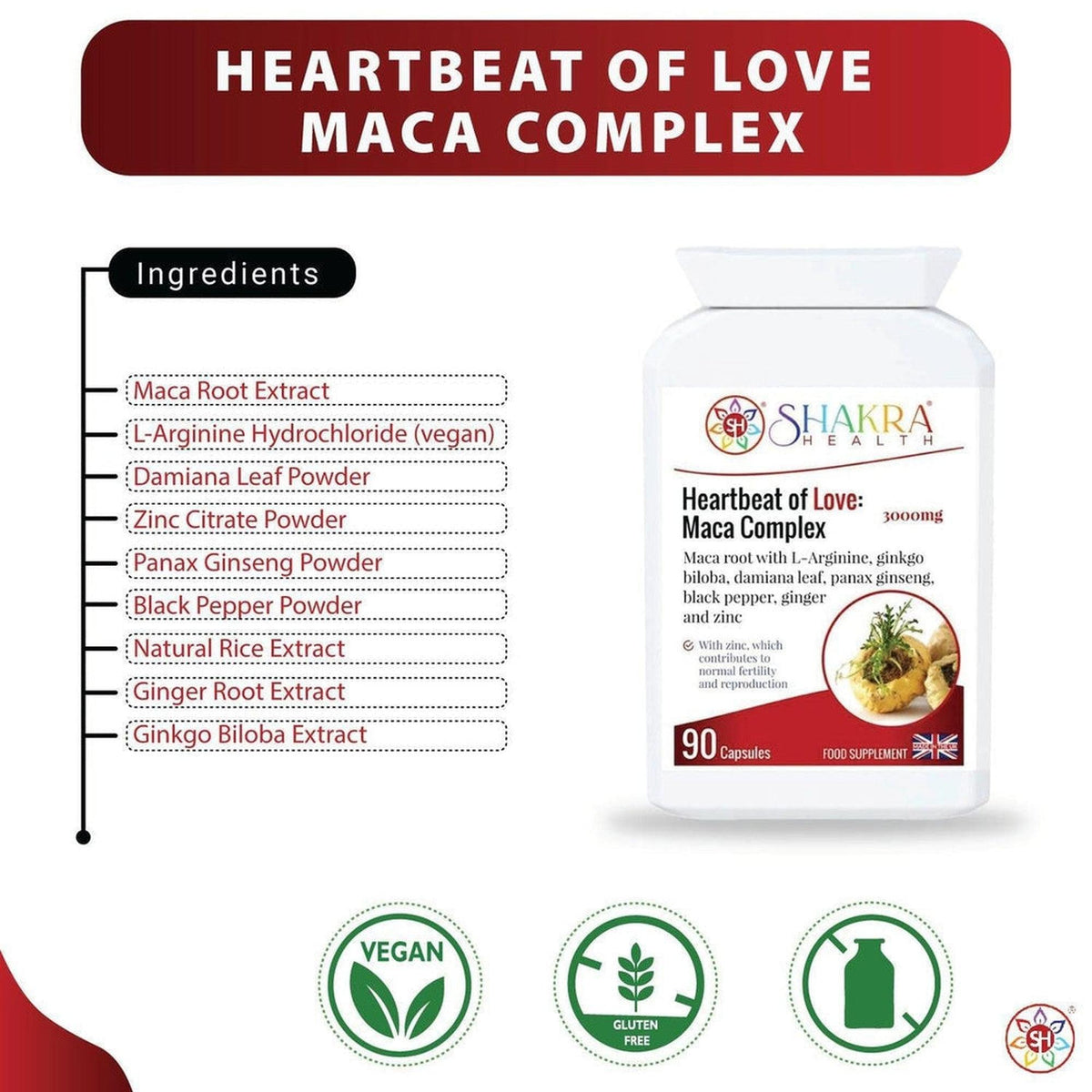 Heartbeat of Love Maca Complex supplement bottle with ingredient list and vegan, gluten-free icons on a white background.