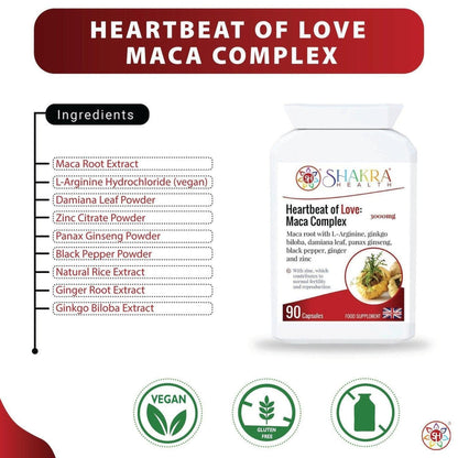 Heartbeat of Love Maca Complex supplement bottle with ingredient list and vegan, gluten-free icons on a white background.