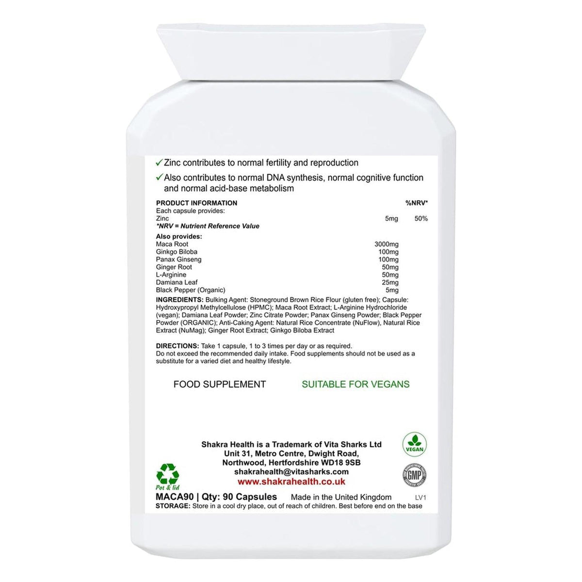 White plastic supplement bottle label listing ingredients, dosage, and vegan certification for Maca Complex capsules.