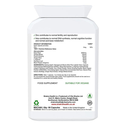 White plastic supplement bottle label listing ingredients, dosage, and vegan certification for Maca Complex capsules.