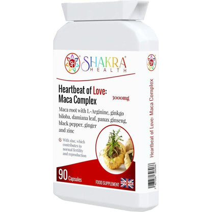 White plastic bottle of Heartbeat of Love Maca Complex capsules with a label featuring a raw maca root image.