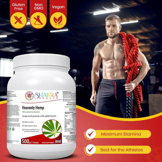 White 500g tub of Heavenly Hemp protein powder next to a muscular man holding a thick red battle rope.
