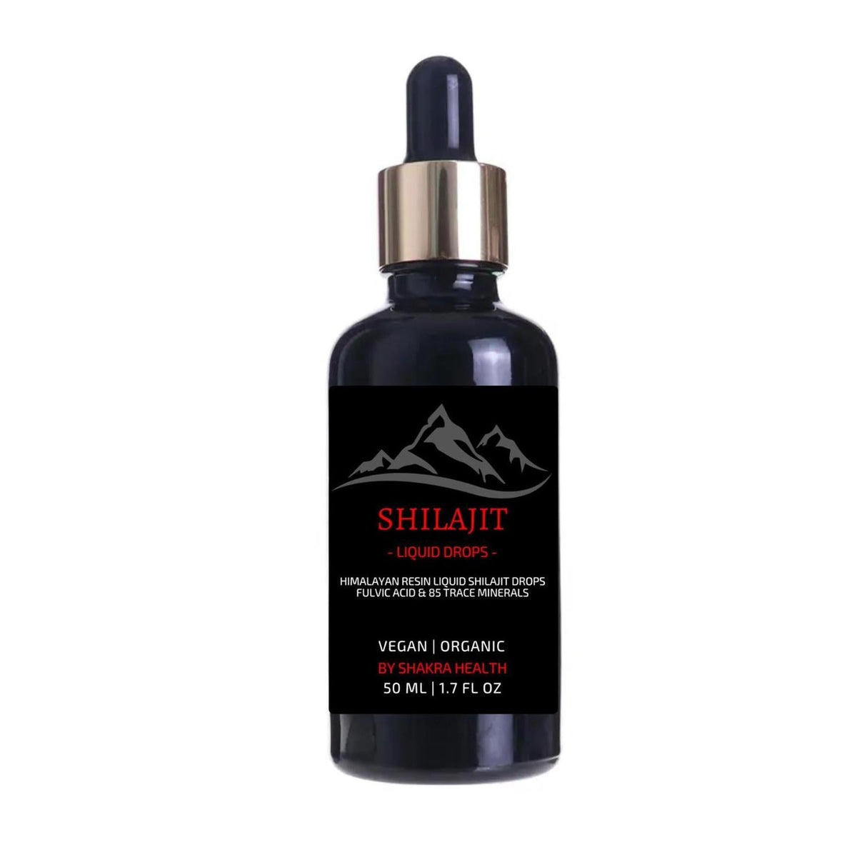 50ml amber glass bottle of Himalayan Shilajit liquid drops with a gold dropper cap and mountain logo label.