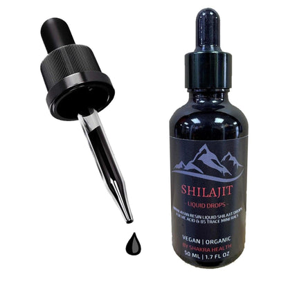 50ml bottle of Himalayan Shilajit liquid drops with a black dropper and dark resin extract on a white background.