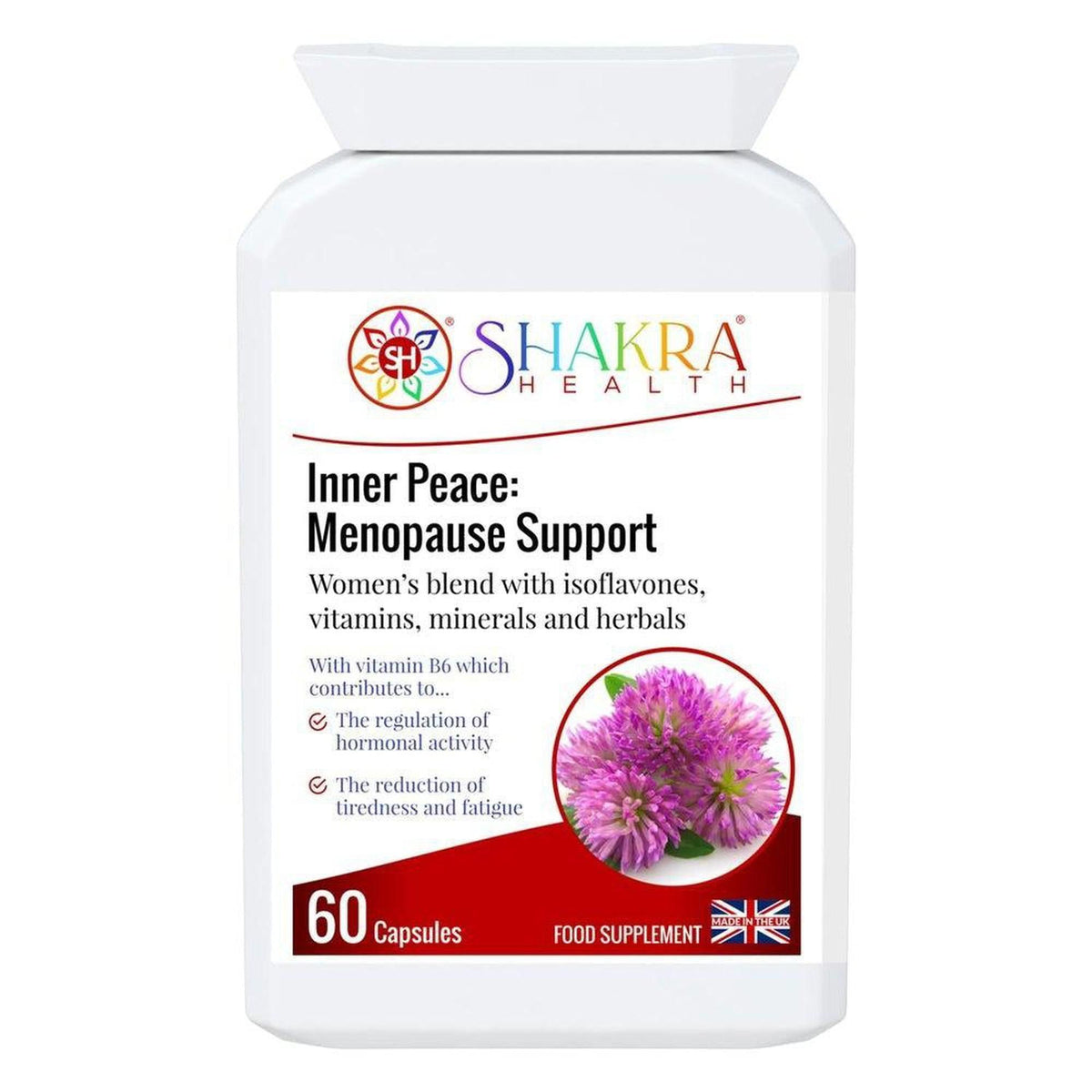 White bottle of Shakra Health Inner Peace menopause supplement with a purple clover flower on the label.