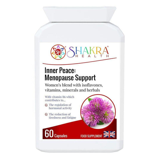 White bottle of Shakra Health Inner Peace menopause supplement with a purple clover flower on the label.