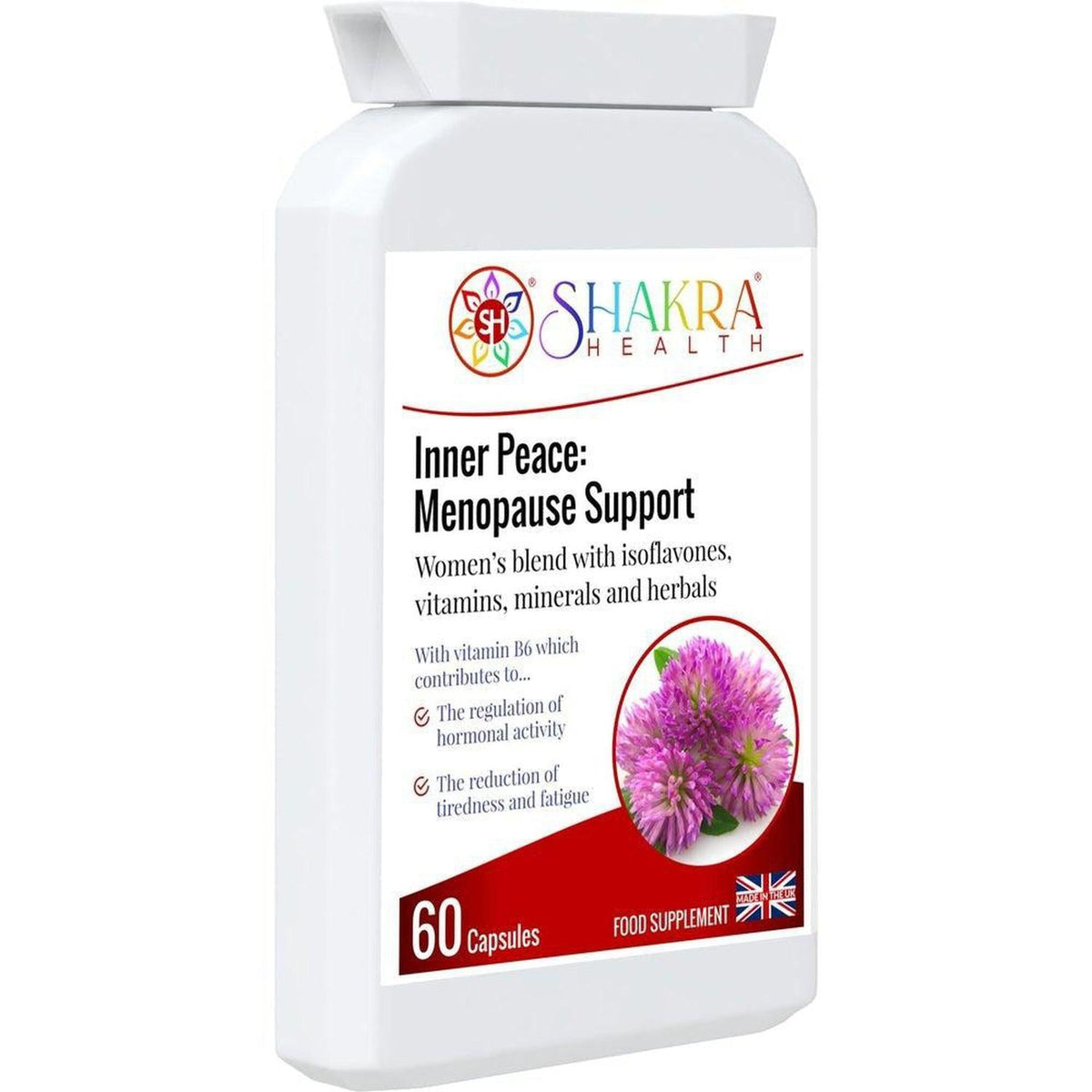 White plastic bottle of Shakra Health Inner Peace menopause support capsules with a pink flower graphic on the label.