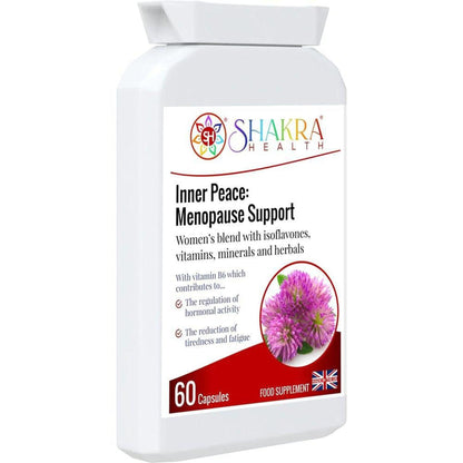 White plastic bottle of Shakra Health Inner Peace menopause support capsules with a pink flower graphic on the label.