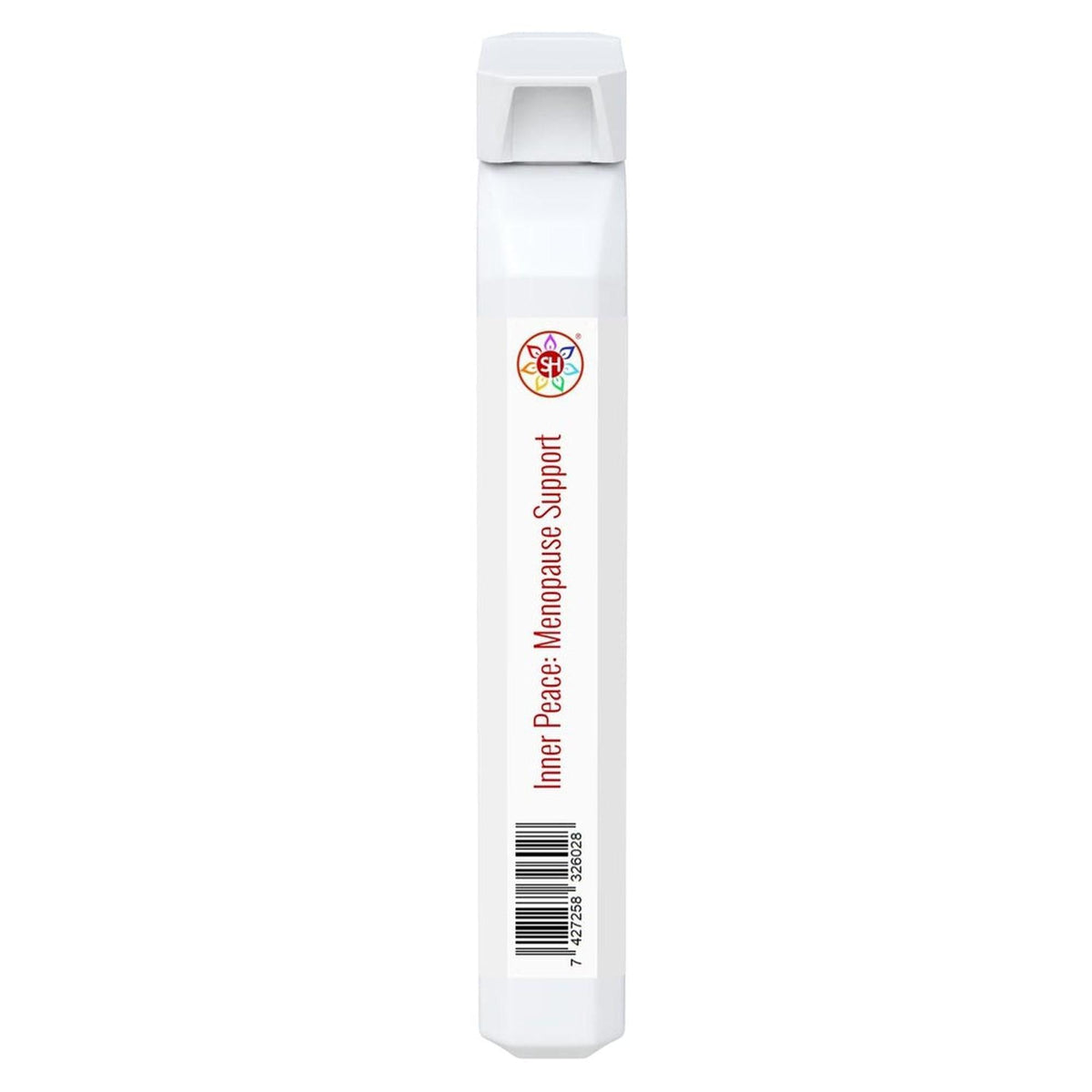 White, slim, rectangular Inner Peace Menopause Support herbal supplement stick with a colorful logo and barcode.
